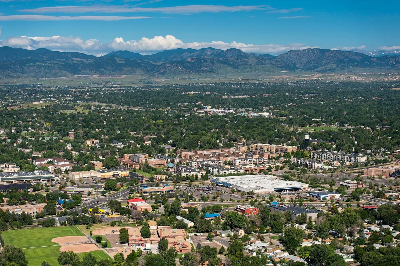 Aerial view of Arvada, Colorado with the Rocky Mountain foothills