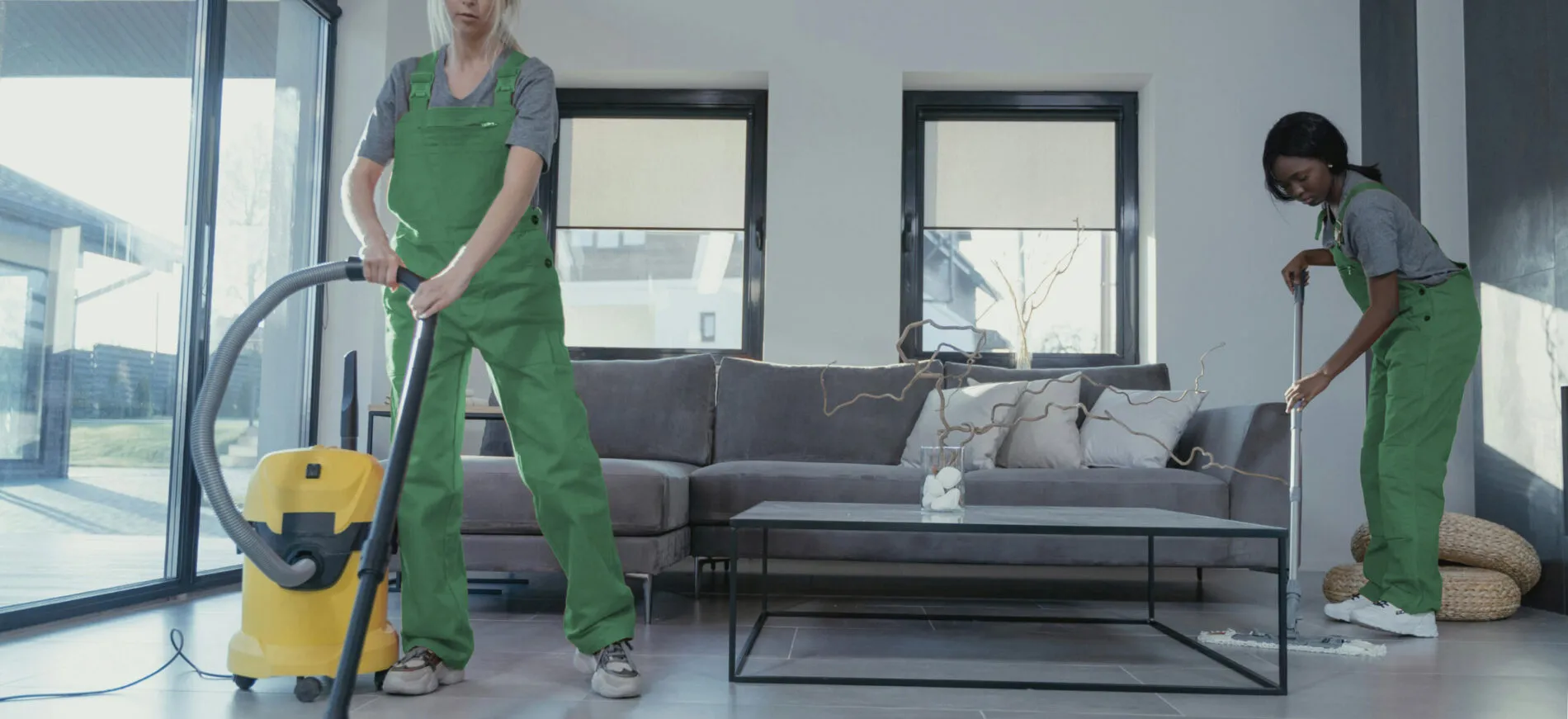 Cleaner vacuuming a living room during a recurring house cleaning visit
