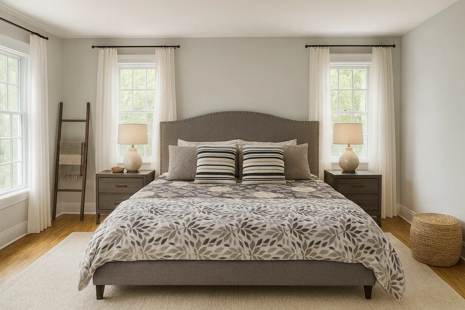 Freshly cleaned bedroom with a made bed, cleaned by Lakewood Clean & Care
